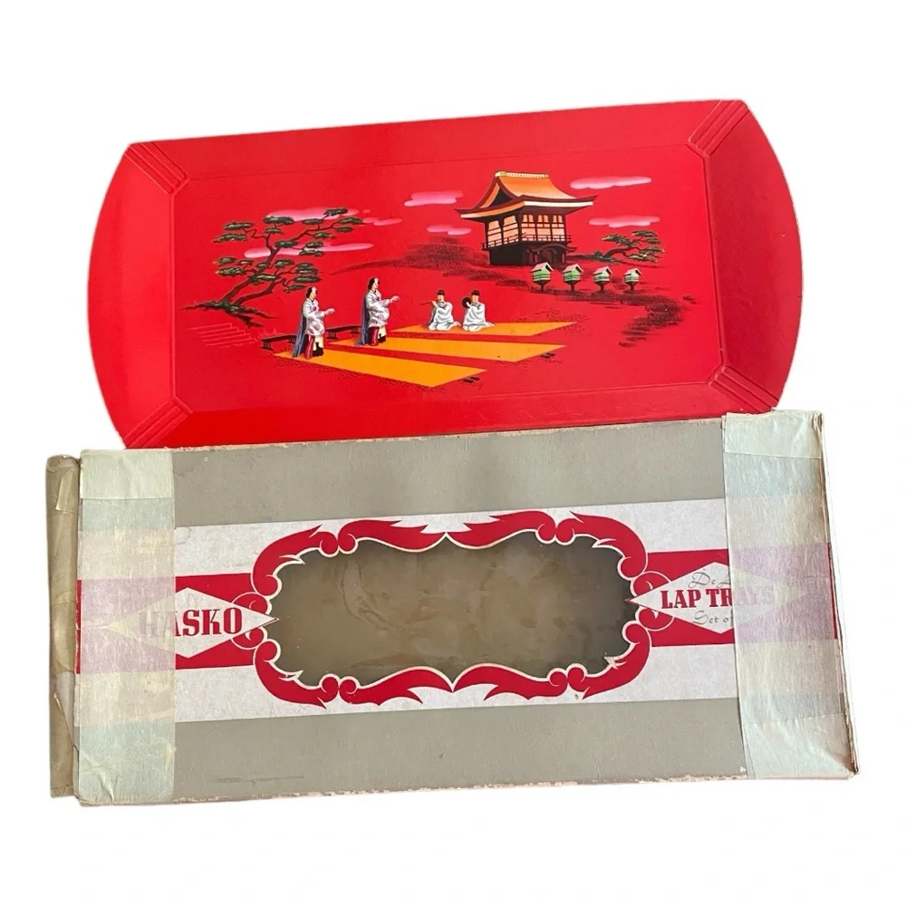Vintage Hasko Deluxe Lap Trays Red Asian Pagoda Scene MCM Set of 4